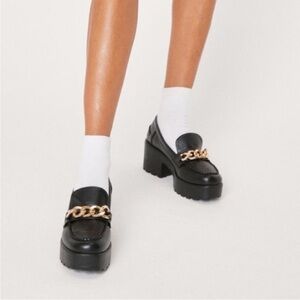 Guess Black Platform Loafers with Gold Chain Accent